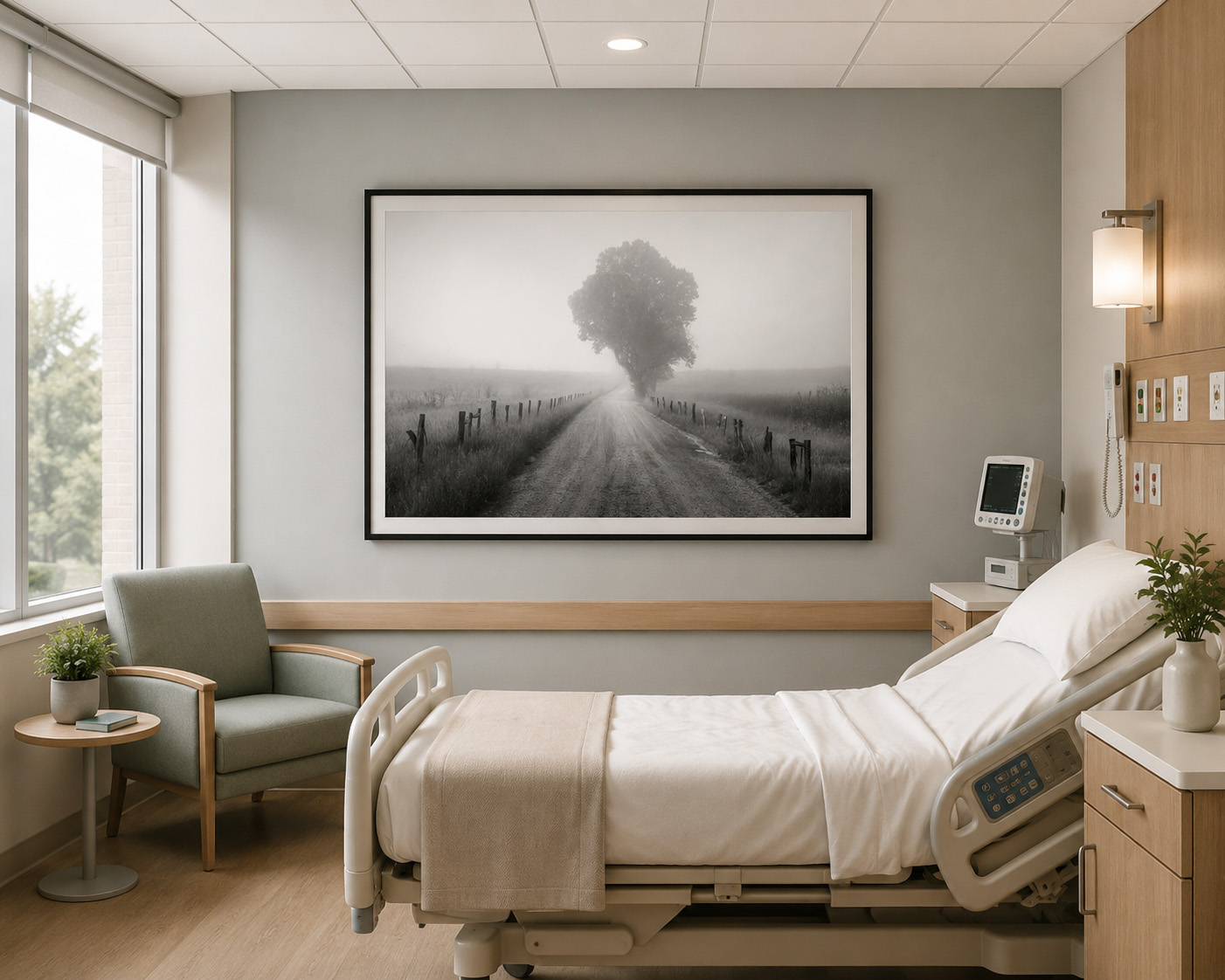 Modern patient room with framed foggy road black and white fine art photography by Dan Sproul